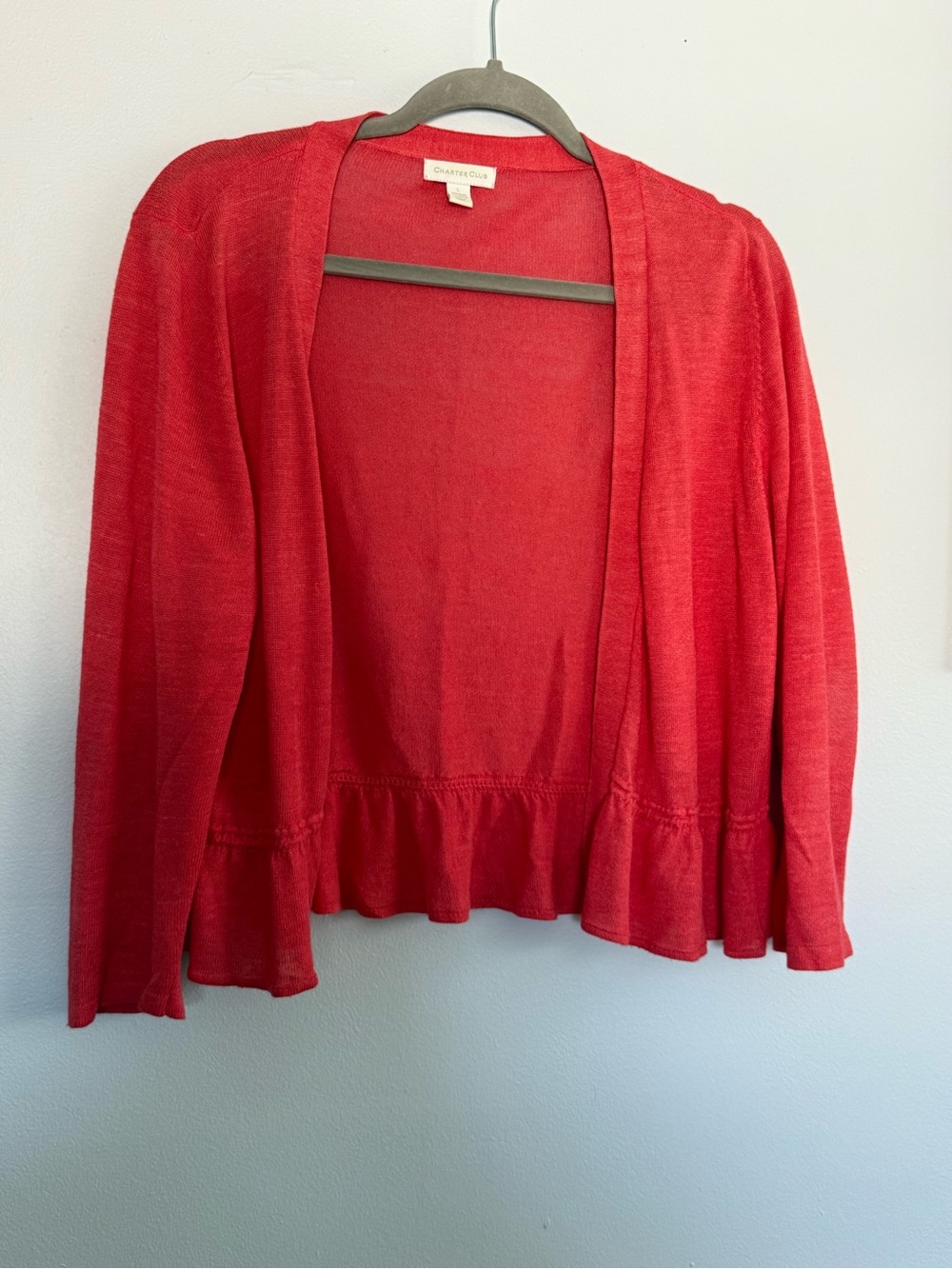 Charter Club Coral-Red Ruffle Hem Open Cardigan